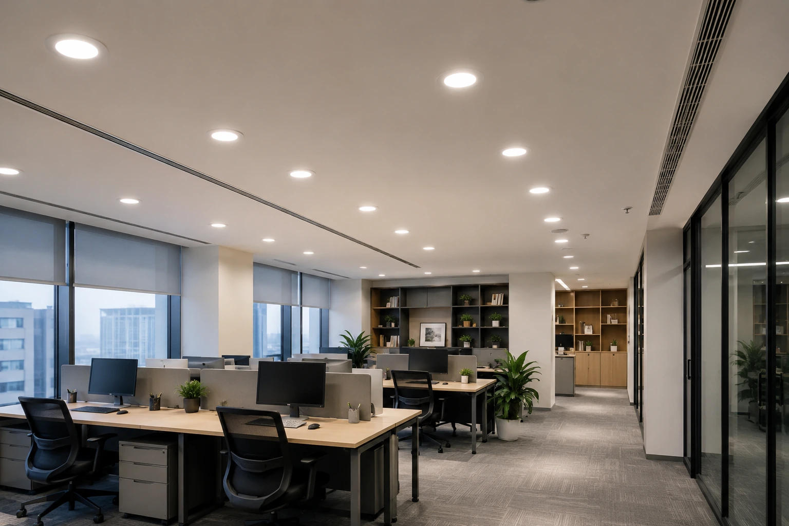 Recessed COB LED downlights providing even illumination in a modern open-plan office