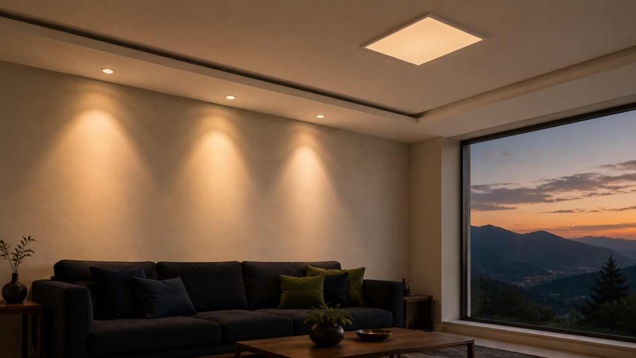 Recessed downlights casting pooled beams beside a flat LED panel light in a Pakistani gypsum false ceiling
