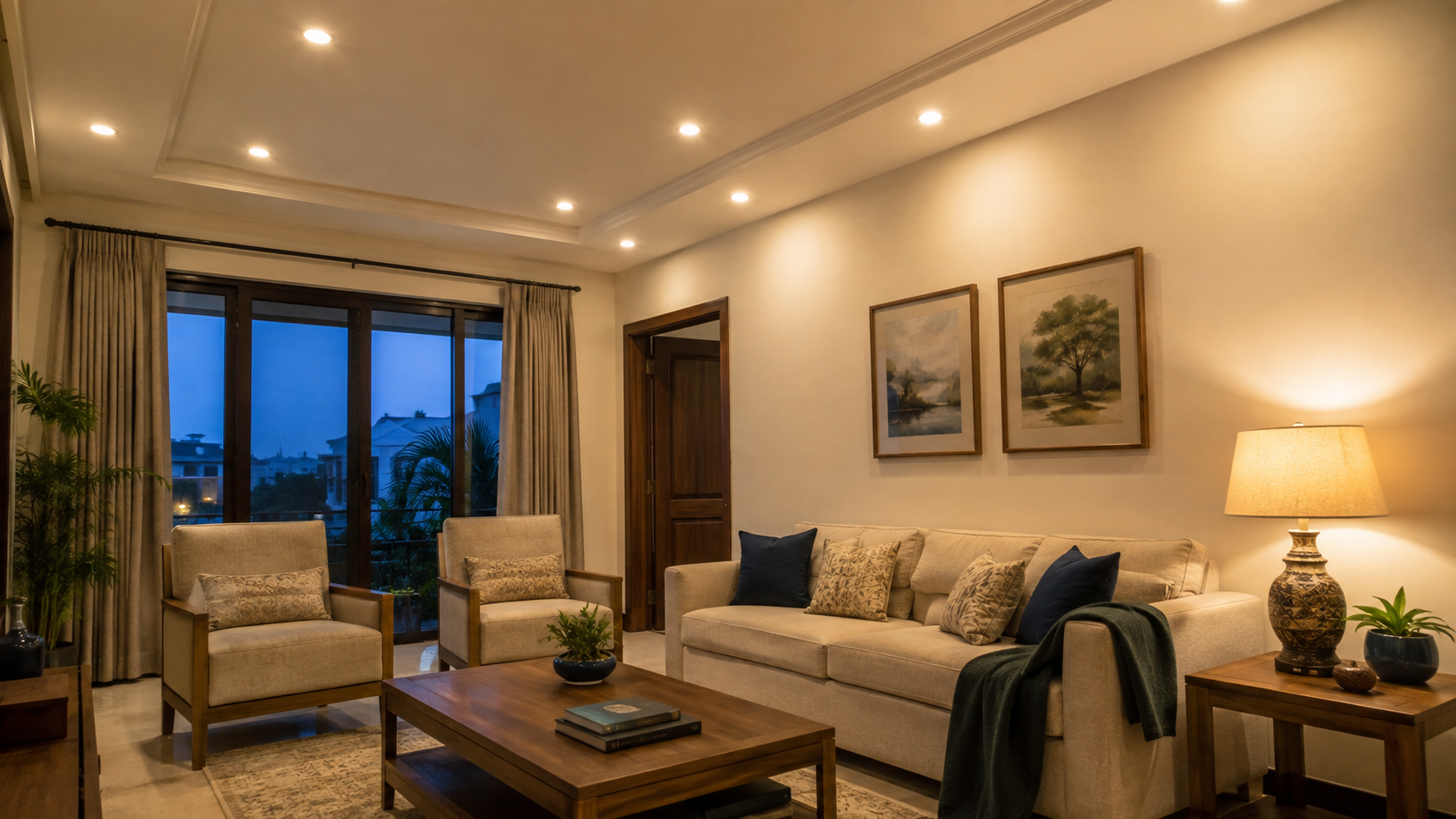 Warm LED lighting in a Pakistani living room showing the right LED light wattage for a cozy, evenly lit space.”