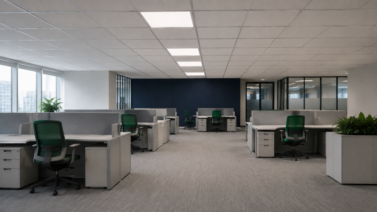 Recessed LED panel light fittings installed in a white T-bar false ceiling grid in a modern Pakistani office