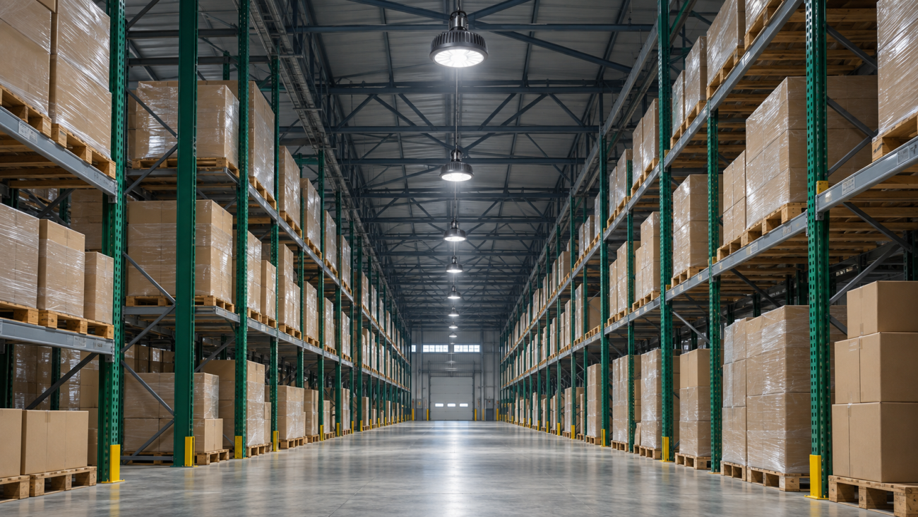UFO LED high bay lights suspended over a warehouse racking aisle, showing the mounting height that separates high bay vs low bay fittings
